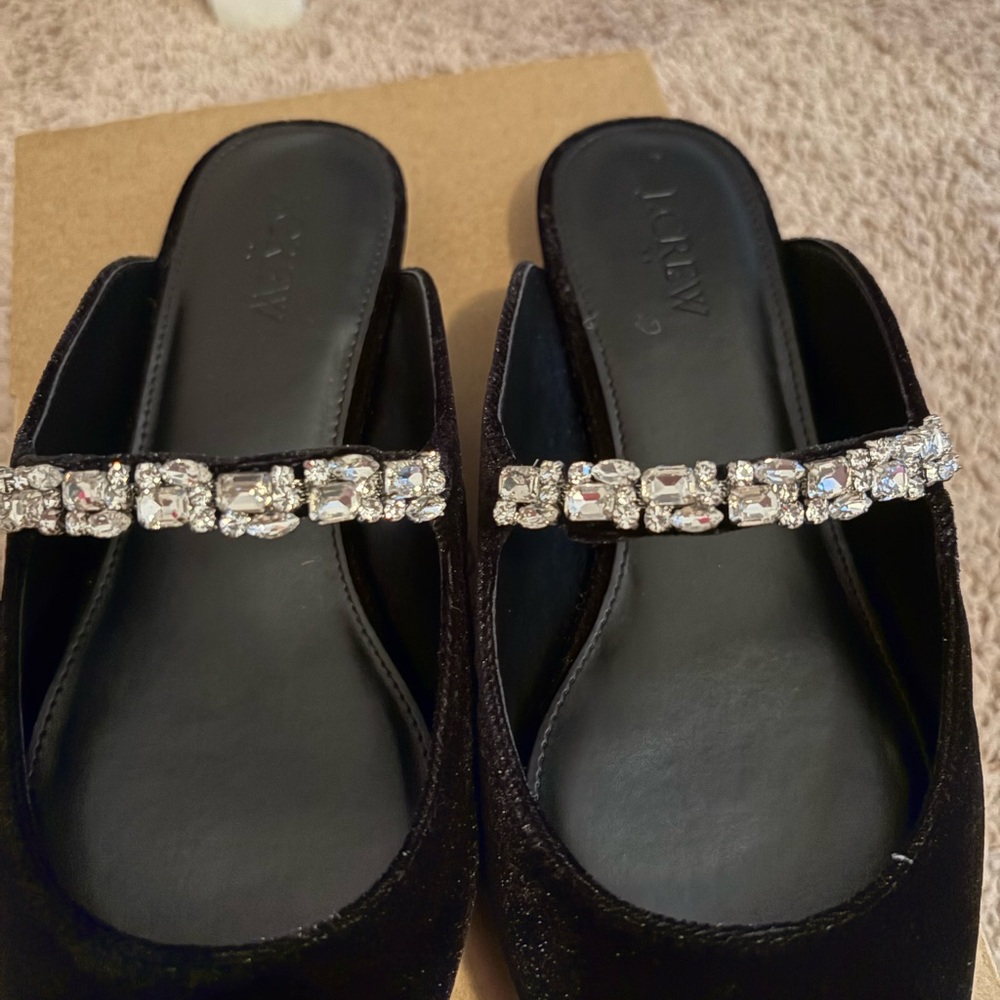 J. Crew Black Velvet Pointed Toe Mules with Crystal Strap - Picture 4 of 5